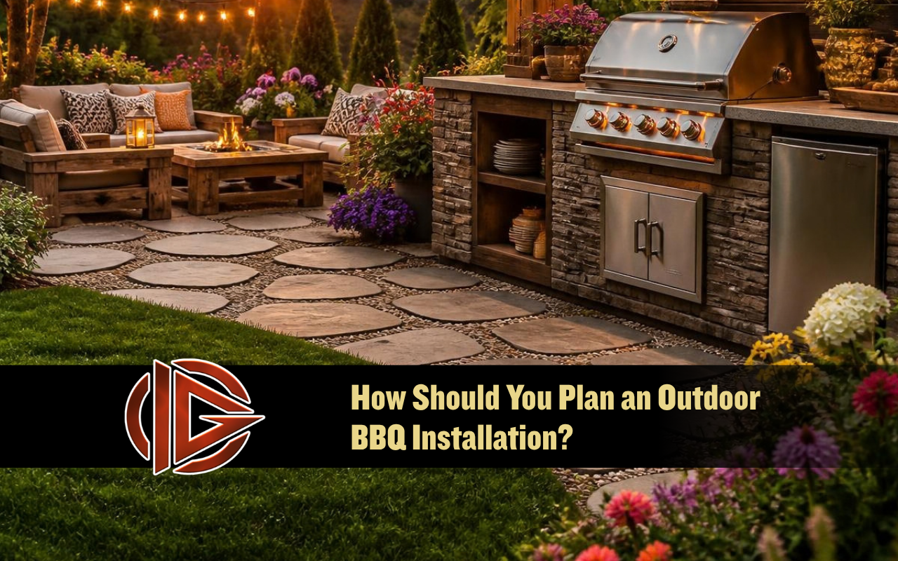 Outdoor BBQ installation planned around cooking and seating areas
