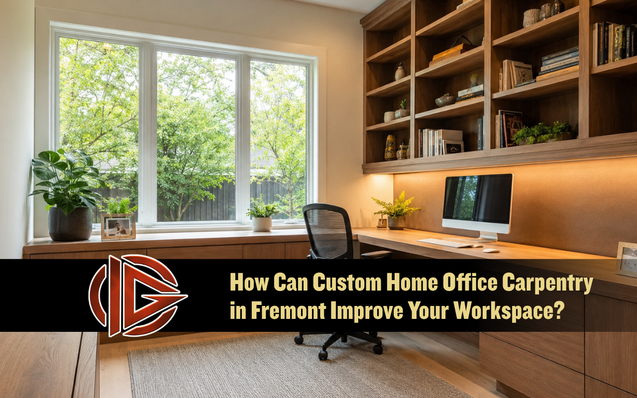 Custom home office carpentry in Fremont with a fitted desk and built-in shelving