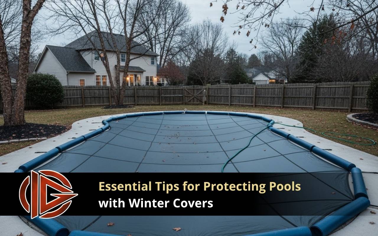 Solid winter cover showing installation of cover on pools for leaves that fall in winter
