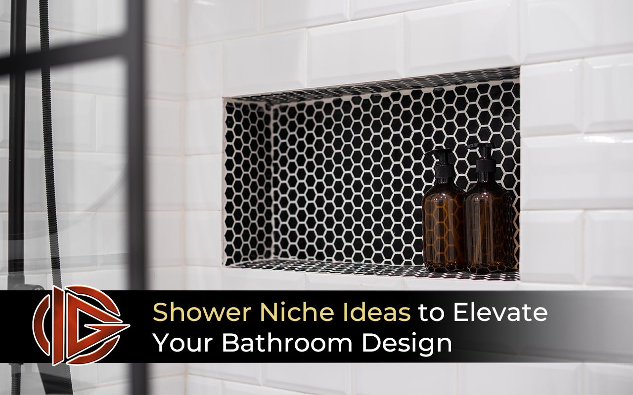 Tile shower niche with mosaic accent in modern bathroom