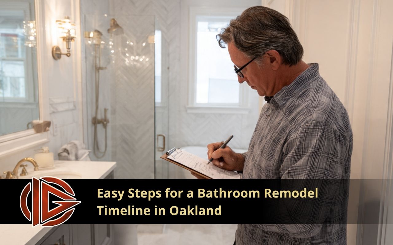 Homeowner reviewing a bathroom remodel timeline in Oakland with design notes