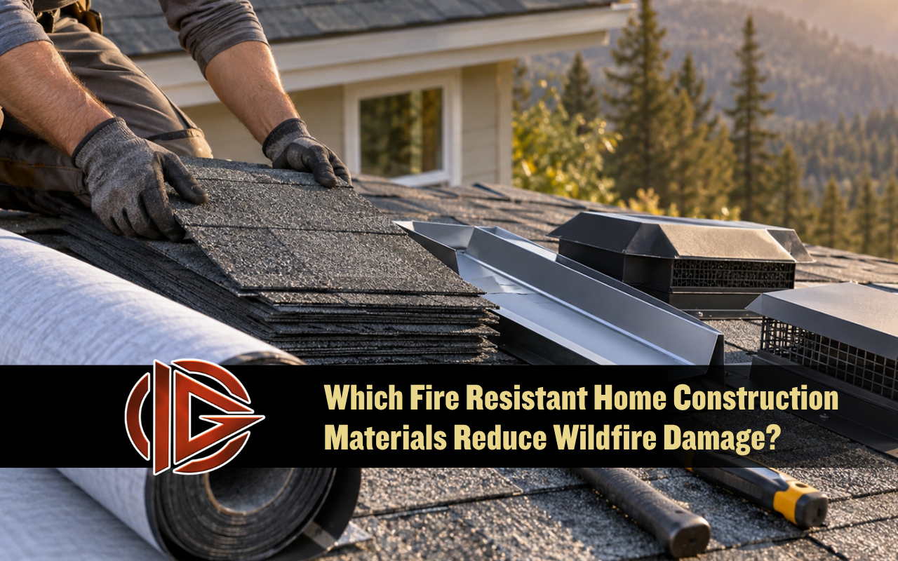 Fire resistant home construction materials used for wildfire-conscious roofing improvements