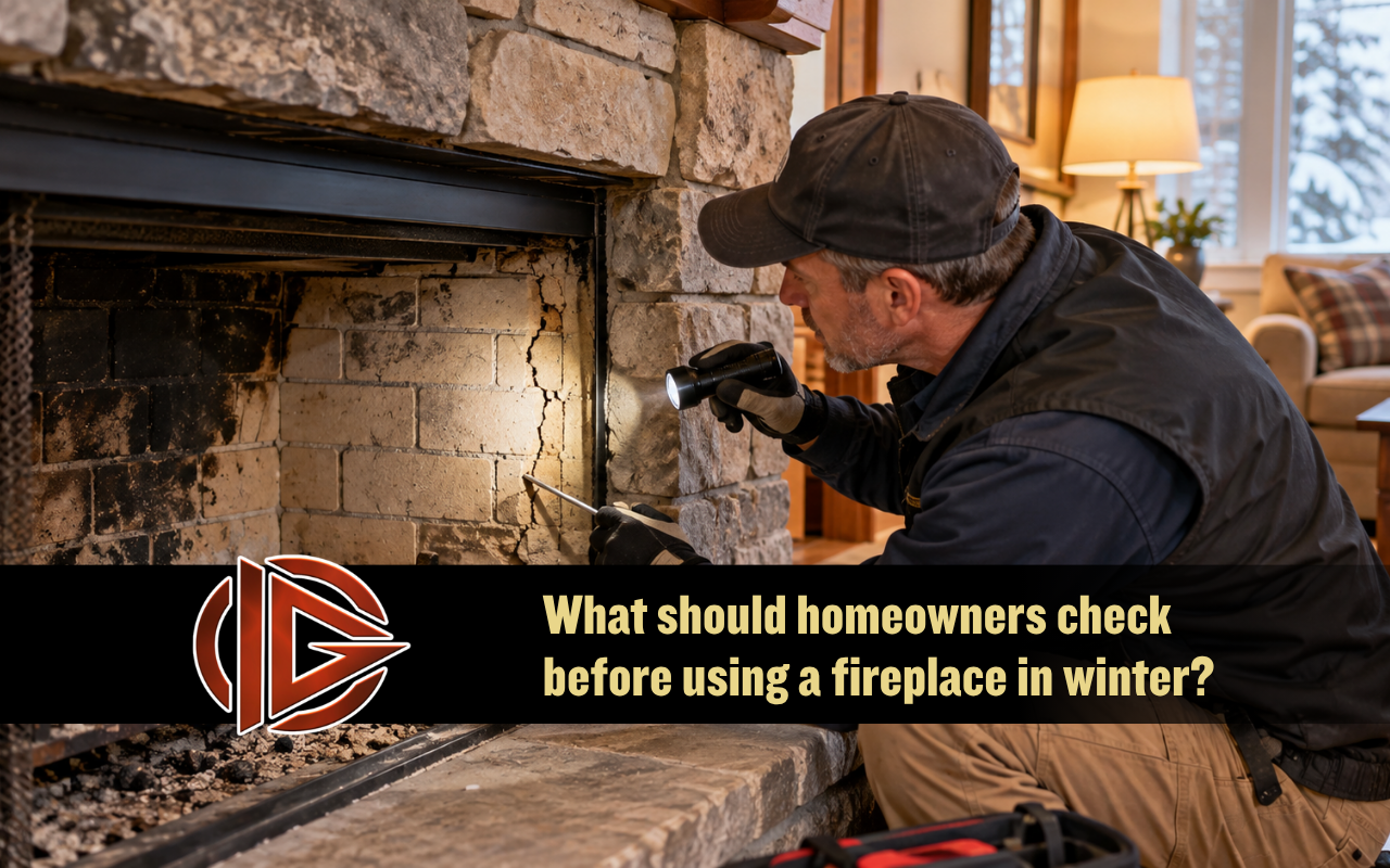 Fireplace inspection before winter checking cracked masonry around a firebox